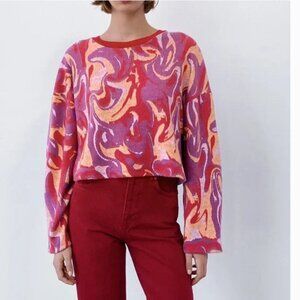 Zara | Colorful Jacquard Cropped Sweater | Multicolor Red Purple Orange | Small